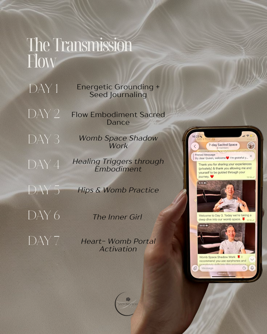 Day 1 - Grounding Meditation & Seed Journaling
Day 2 - Feminine Embodiment Sacred Dance
Day 3 - Womb Space Shadow Work
Day 4 - Healing Triggers through Embodiment
Day 5 - Hips & Womb Practice
Day 6 - Reconnection with The Inner Girl 
Day 7 - Heart - Womb Portal Activation
